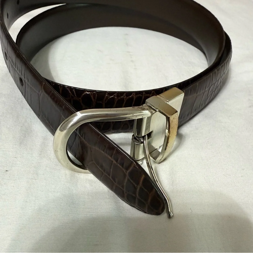 LAUREN RALPH LAUREN Brown Alligator Crocodile Print Dress Belt Leather Preppy